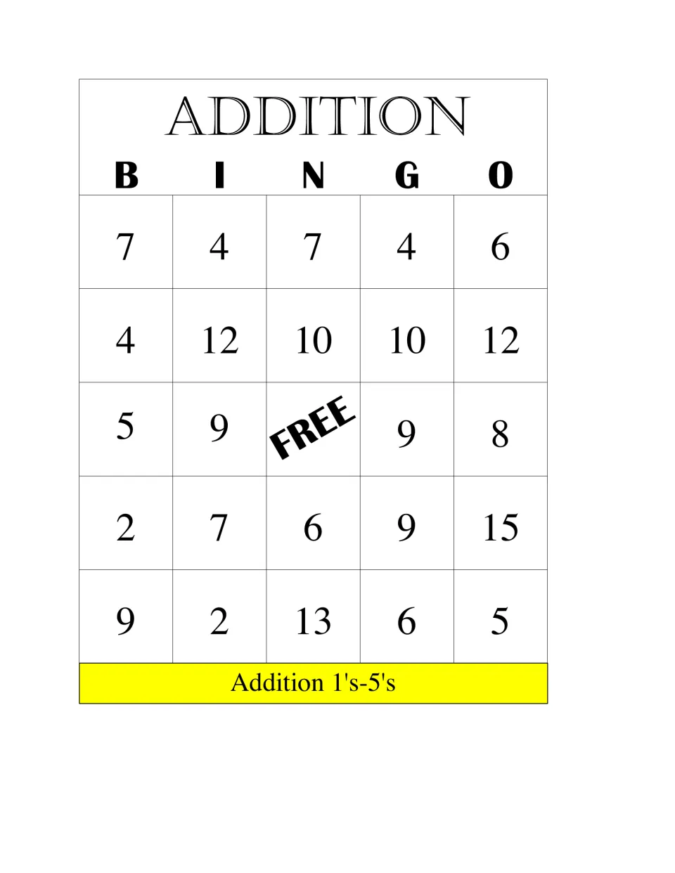Addition 1's-5's bingo card: students cover sums such as 4, 7, 12 and 15 as the caller reads facts, with a FREE center