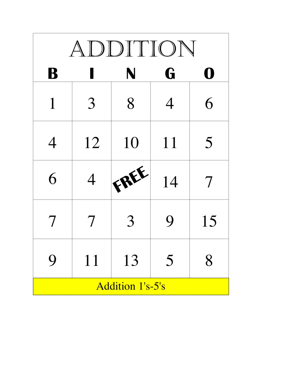 Second Addition 1's-5's bingo card with sums 1 to 15, including 1, 3, 8 and 14, for matching answers to called facts