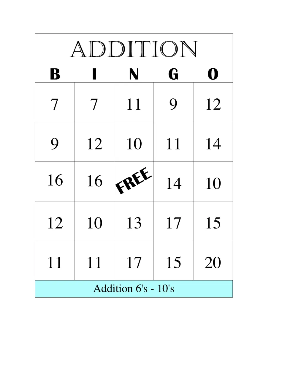 Addition 6's-10's bingo card with sums from 7 to 20, such as 16, 17 and 20, for covering answers to larger addition facts