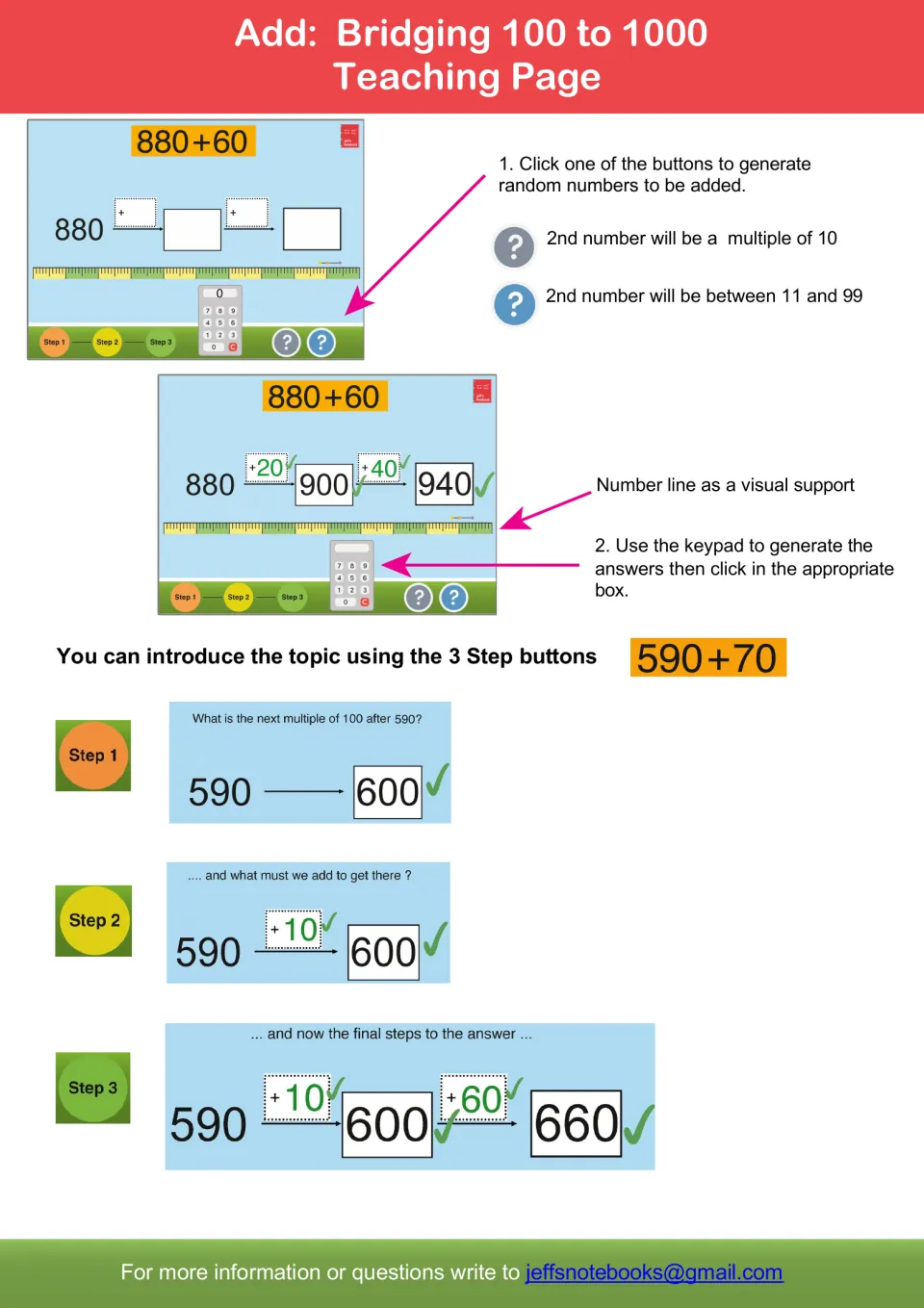 Teaching page for bridging 100: 590 + 70 solved in three steps, adding 10 to reach 600, then 60 to get 660