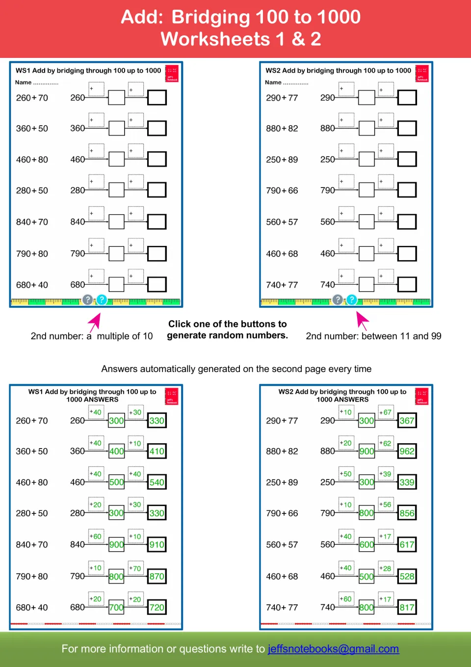 Worksheets 1 and 2 guide: add tens or 11 to 99 by jumping to the next hundred, with generated answer pages