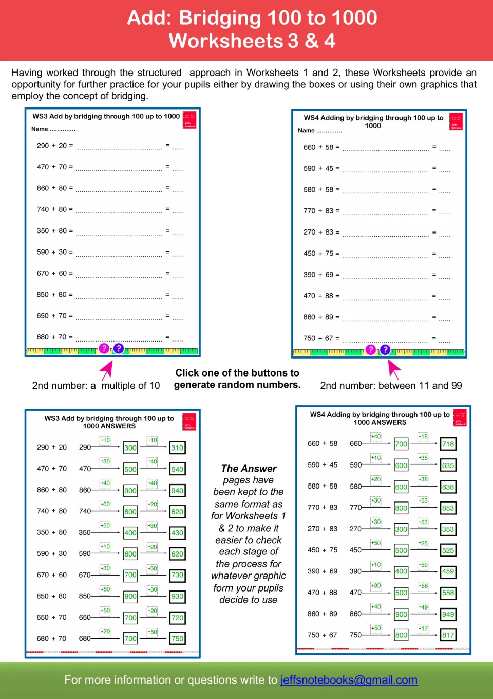 Worksheets 3 and 4 guide: open practice like 290 + 20 where pupils draw their own bridging jumps, with answers