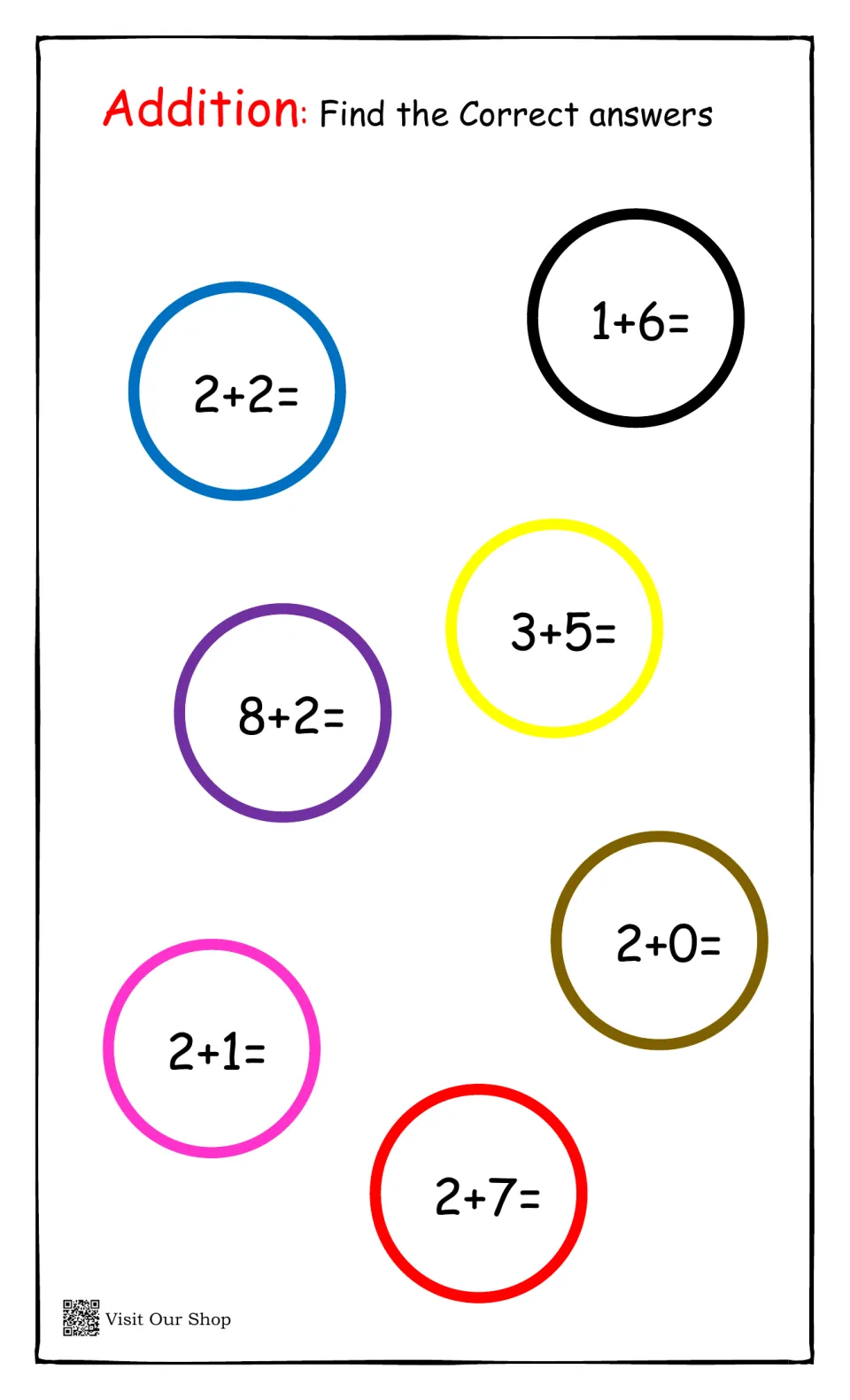 Addition facts: students find the sum for seven problems such as 2+2, 1+6, 3+5, 8+2, 2+0, 2+1 and 2+7