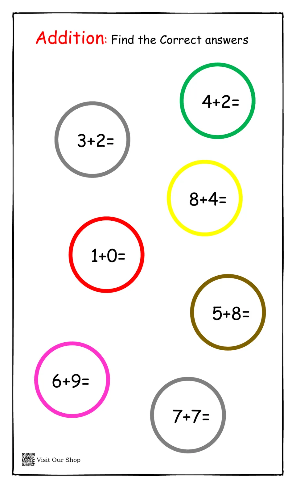 Addition facts to 15: students find the sums for 3+2, 4+2, 8+4, 1+0, 5+8, 6+9 and 7+7 to match with number cards