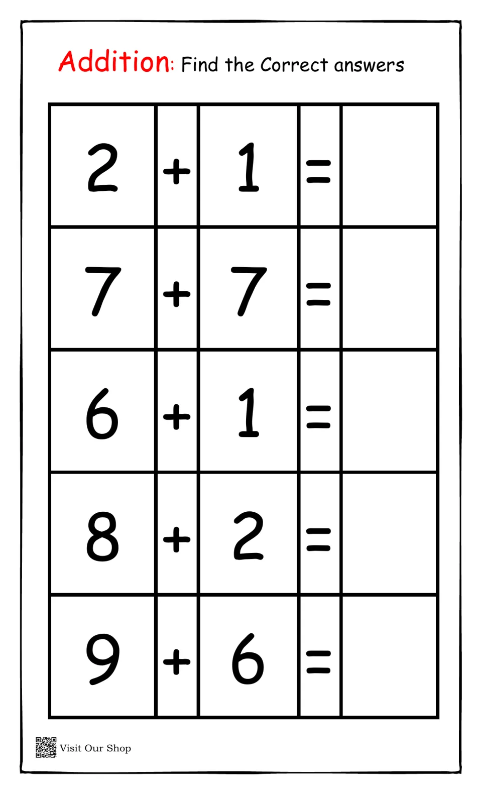 Addition practice: students complete five equations, 2+1, 7+7, 6+1, 8+2 and 9+6, by adding the missing sum