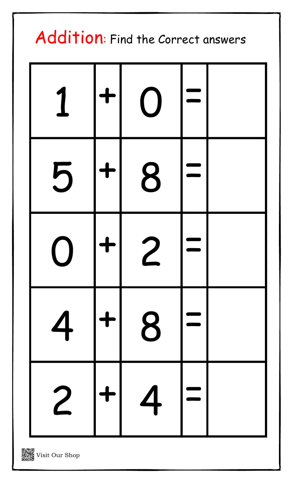 Adding with zero and to 13: students solve 1+0, 5+8, 0+2, 4+8 and 2+4 and fill in each missing sum