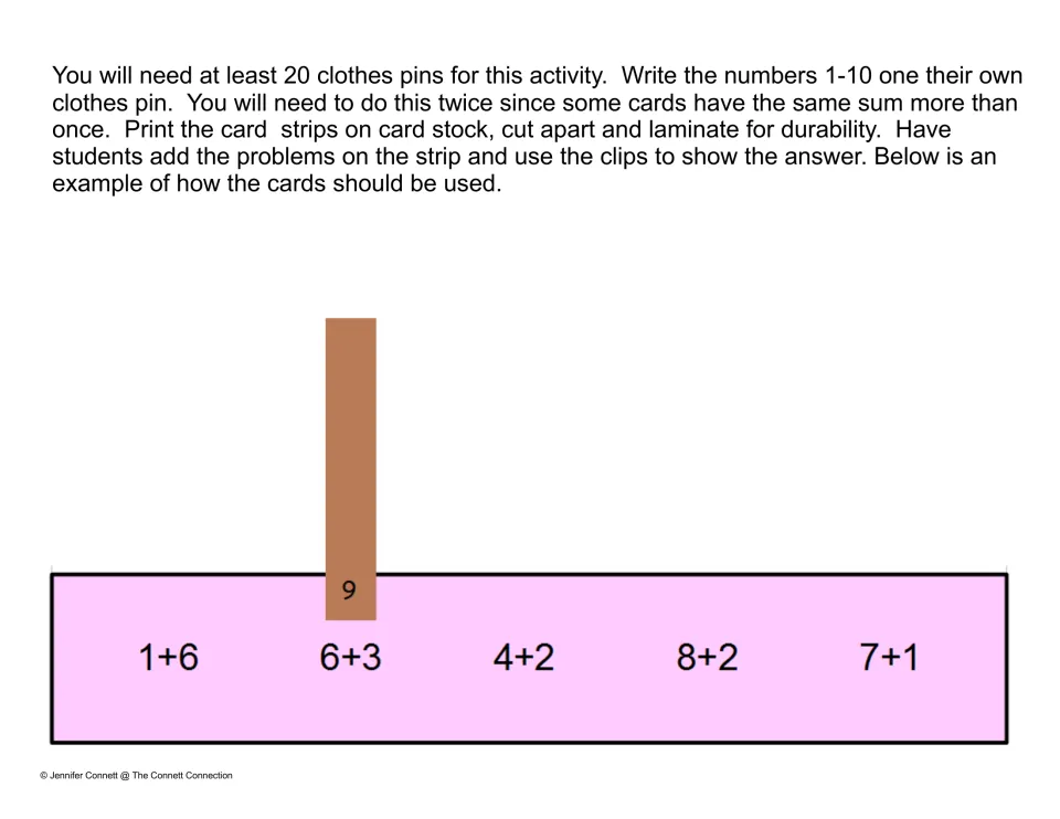 Clip strip directions: label 20 clothespins 1-10 twice; students solve each sum and clip the answer, shown with 6+3 and 9