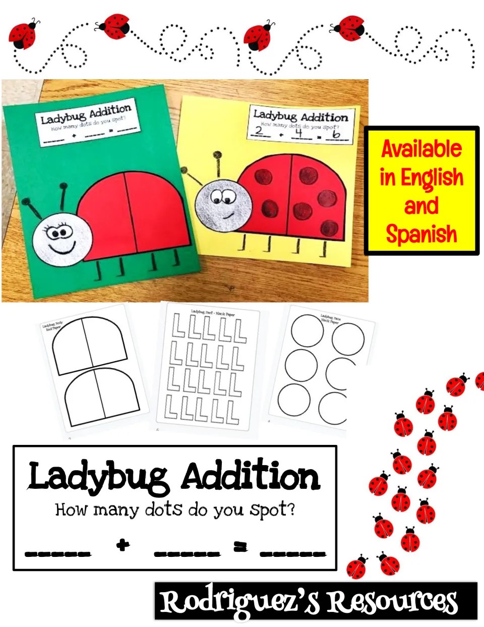 Ladybug Addition cover: finished ladybugs with painted dots, body, feet and face templates, in English and Spanish