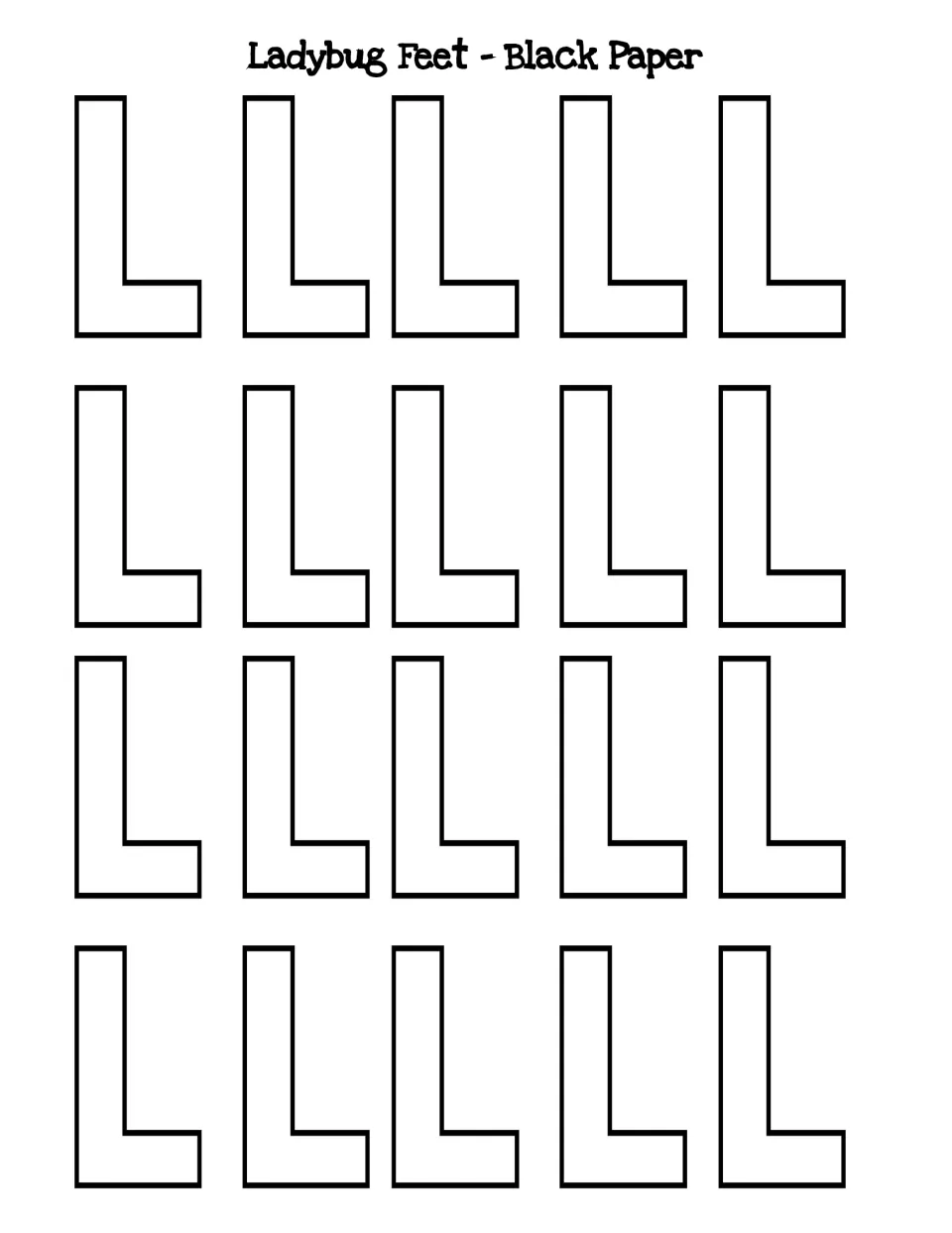 Ladybug feet template for black paper: twenty L-shaped cut-out pieces that students glue under the body as legs