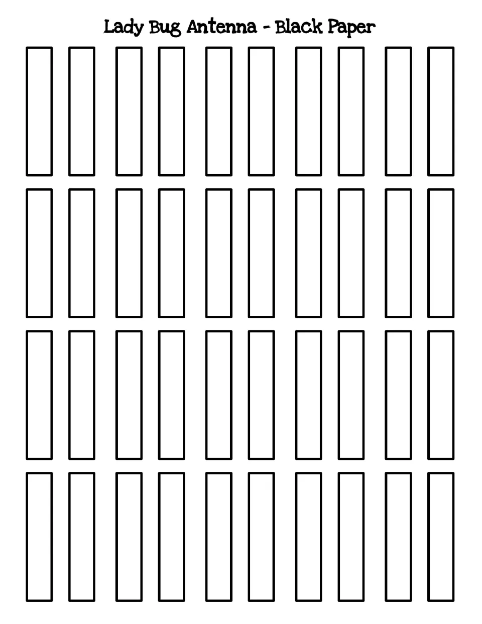 Ladybug antenna template for black paper: forty thin strip cut-out pieces that students attach to the head as antennae