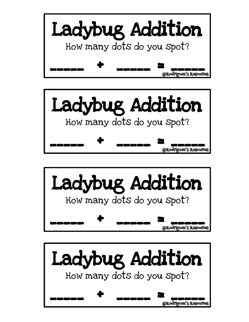 Ladybug Addition labels in English: How many dots do you spot? Students count wing dots and write the addition sentence