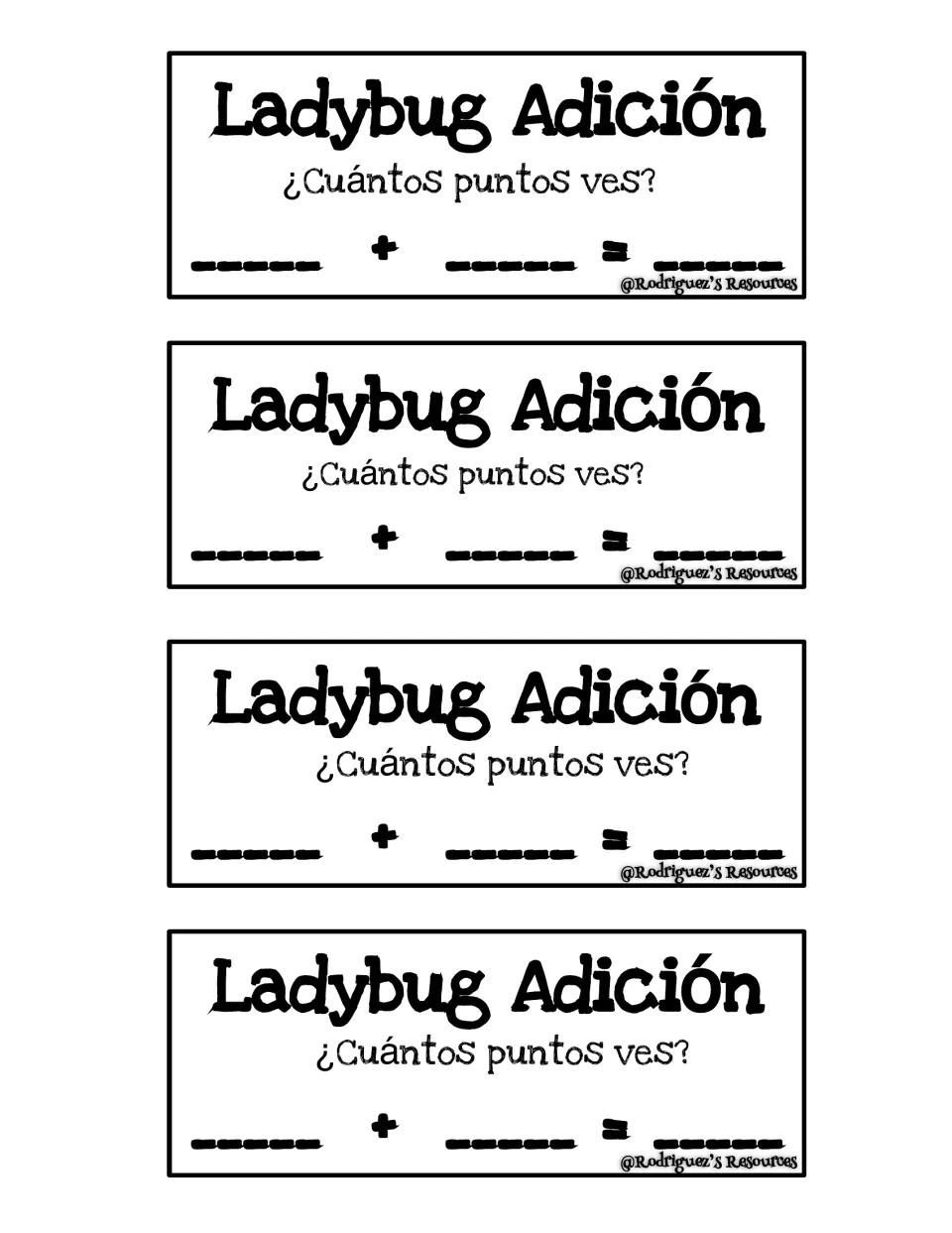 Ladybug Adición labels in Spanish: ¿Cuántos puntos ves? Students count dots on each wing and fill in the addition equation