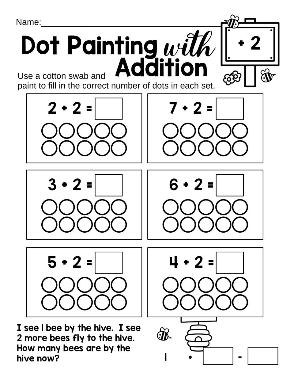 Adding 2: students dot-paint ten frames for 2+2, 7+2, 3+2, 6+2, 5+2 and 4+2, then a word problem: 1 bee plus 2 more bees
