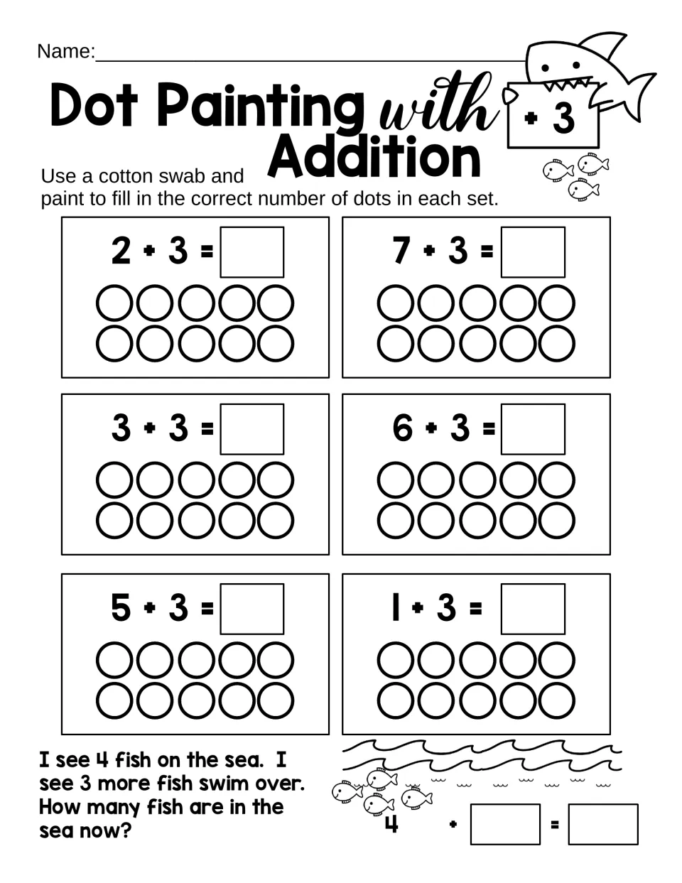 Adding 3: students dot-paint ten frames for 2+3, 7+3, 3+3, 6+3, 5+3 and 1+3, then a word problem: 4 fish plus 3 more fish