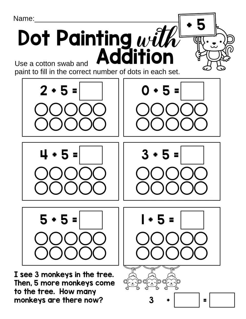 Adding 5: students dot-paint ten frames for 2+5, 0+5, 4+5, 3+5, 5+5 and 1+5, then a word problem: 3 monkeys plus 5 more