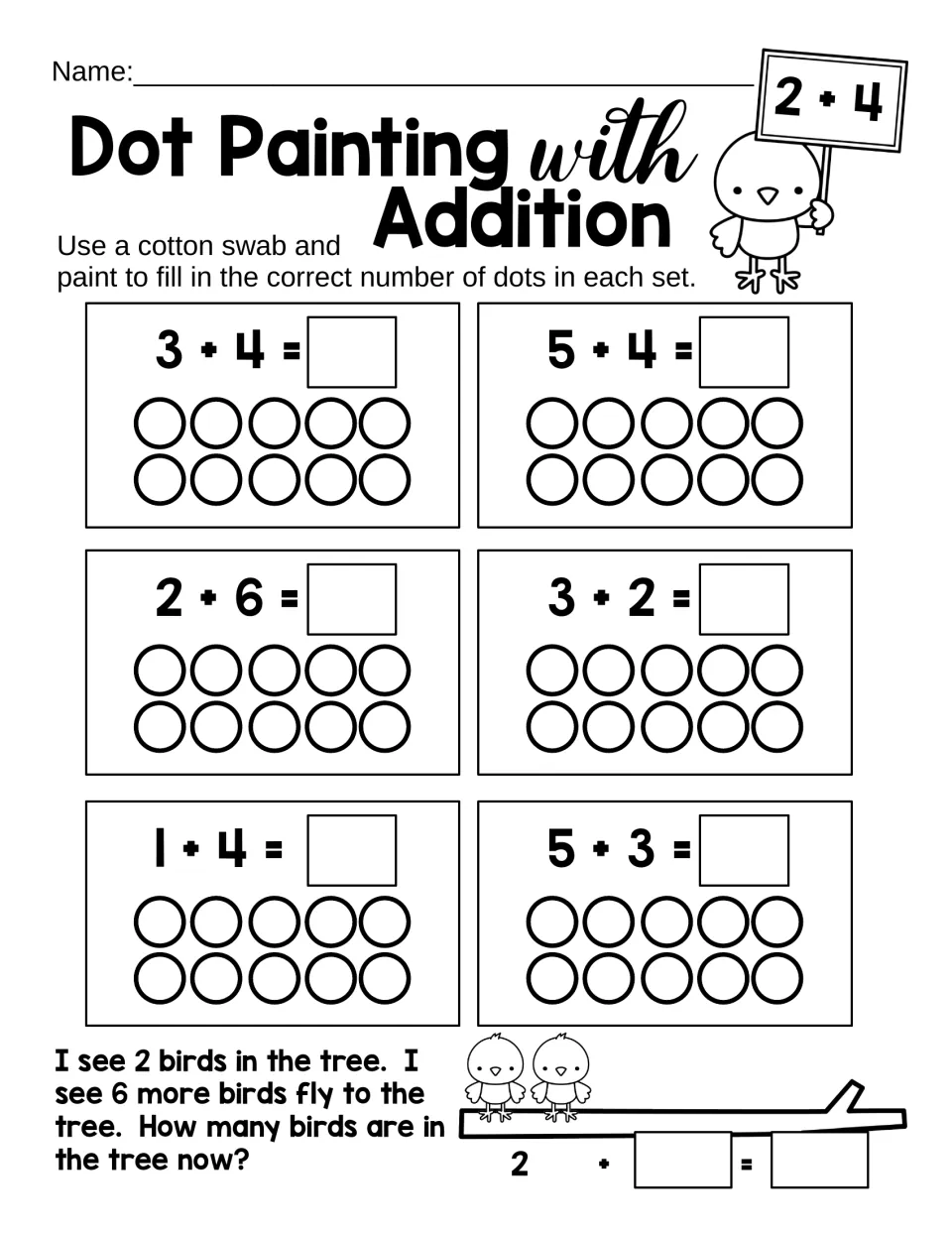 Mixed facts: students dot-paint ten frames for 3+4, 5+4, 2+6, 3+2, 1+4 and 5+3, then a word problem: 2 birds plus 6 more