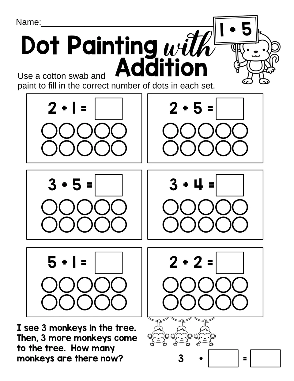 Mixed facts: students dot-paint ten frames for 2+1, 2+5, 3+5, 3+4, 5+1 and 2+2, then a word problem: 3 monkeys plus 3 more