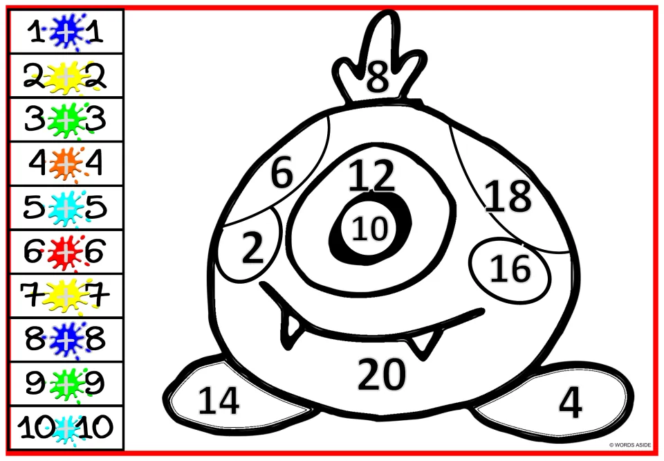 One-eyed monster with black sums 2 to 20: students recall doubles facts and colour each area to match the paint-splat key
