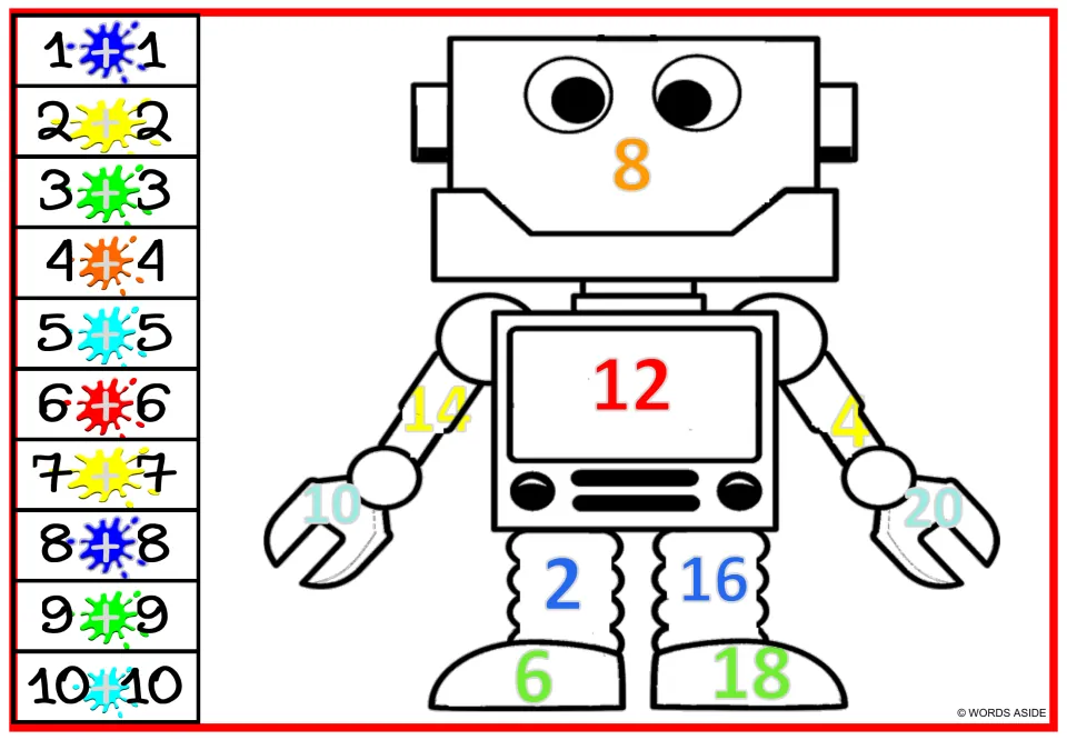Robot doubles coloring worksheet: claw-handed robot with colored sums 2–20 and paint-splash color cues