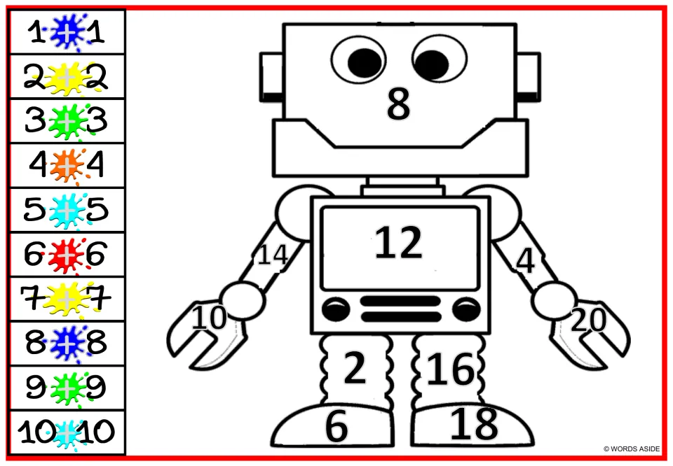Robot doubles coloring worksheet: claw-handed robot with black sums 2–20 and paint-splash color cues