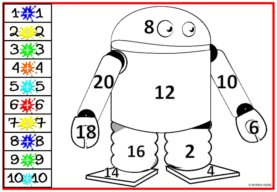 Robot doubles coloring worksheet: round-headed robot with black sums 2–20 and paint-splash color cues