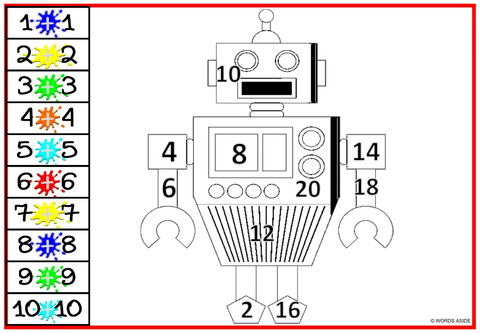 Robot doubles coloring worksheet: antenna robot with black sums 2–20 and paint-splash color cues