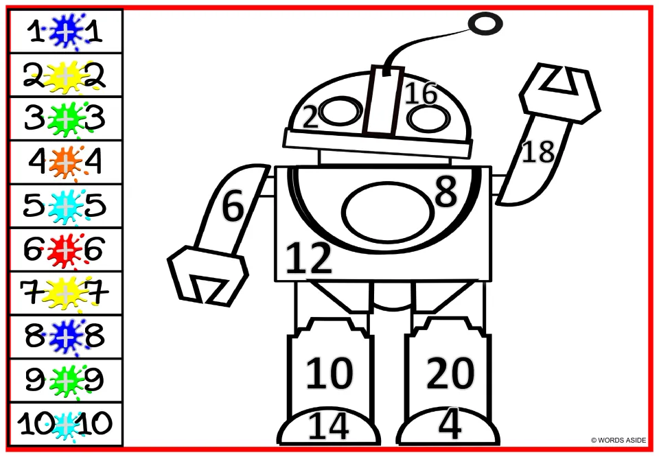 Robot doubles coloring worksheet: waving robot with black sums 2–20 and paint-splash color cues