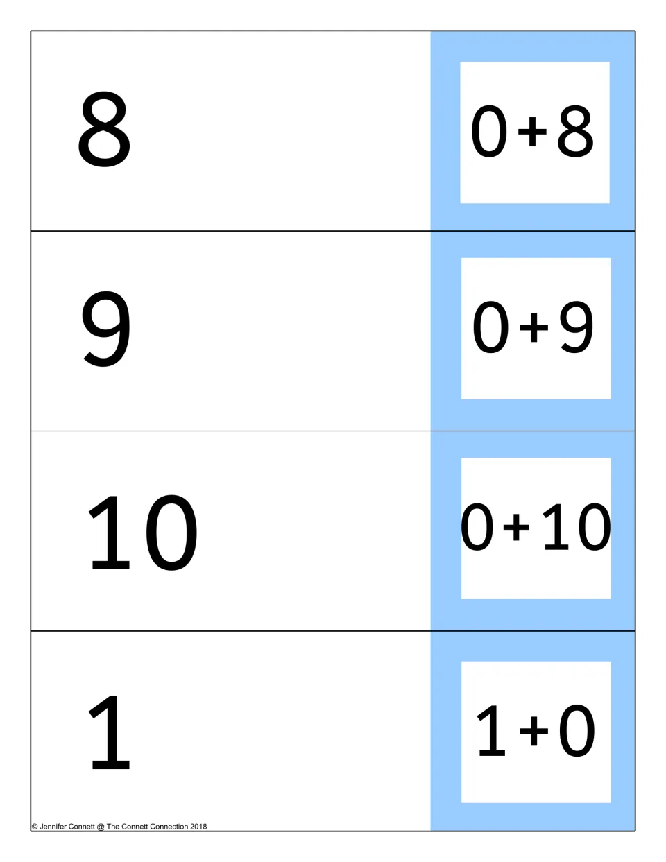 Cards for 0+8, 0+9, 0+10 and 1+0 with the sums 8, 9, 10 and 1 printed on the fold-back flap for checking answers
