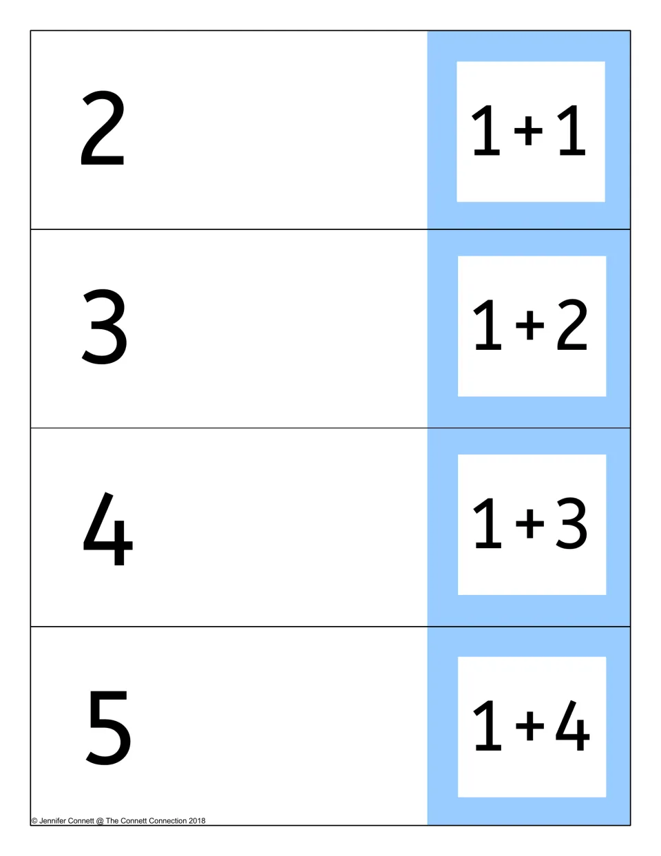 Adding one: cards for 1+1, 1+2, 1+3 and 1+4, each with its sum of 2 to 5 on the flap that students open to check