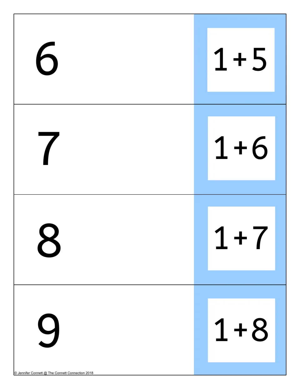 Plus-one facts 1+5, 1+6, 1+7 and 1+8 on fold cards, with the sums 6, 7, 8 and 9 on the hidden answer side