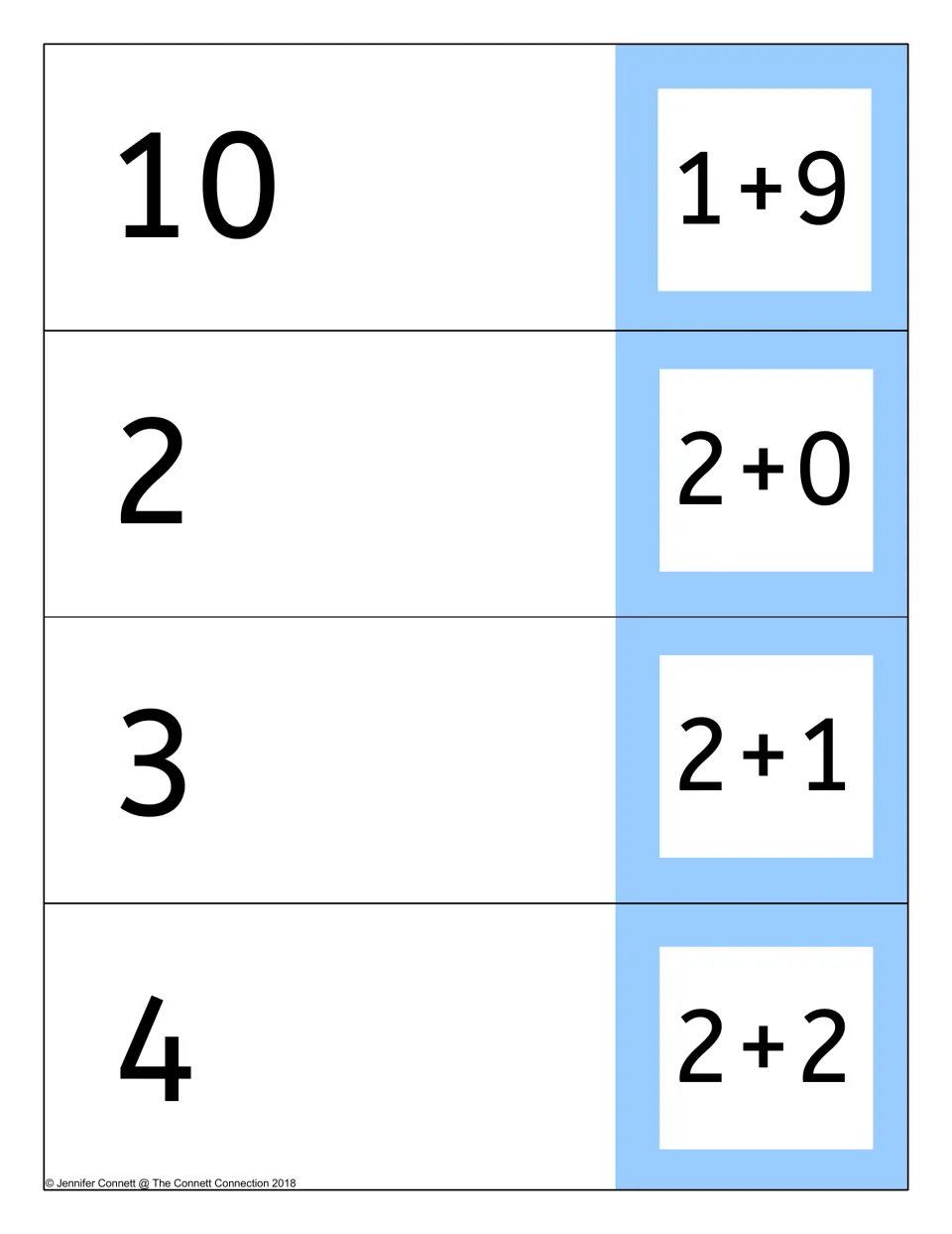 Fold cards for 1+9, 2+0, 2+1 and 2+2 showing each problem on the front and the sums 10, 2, 3 and 4 on the answer flap