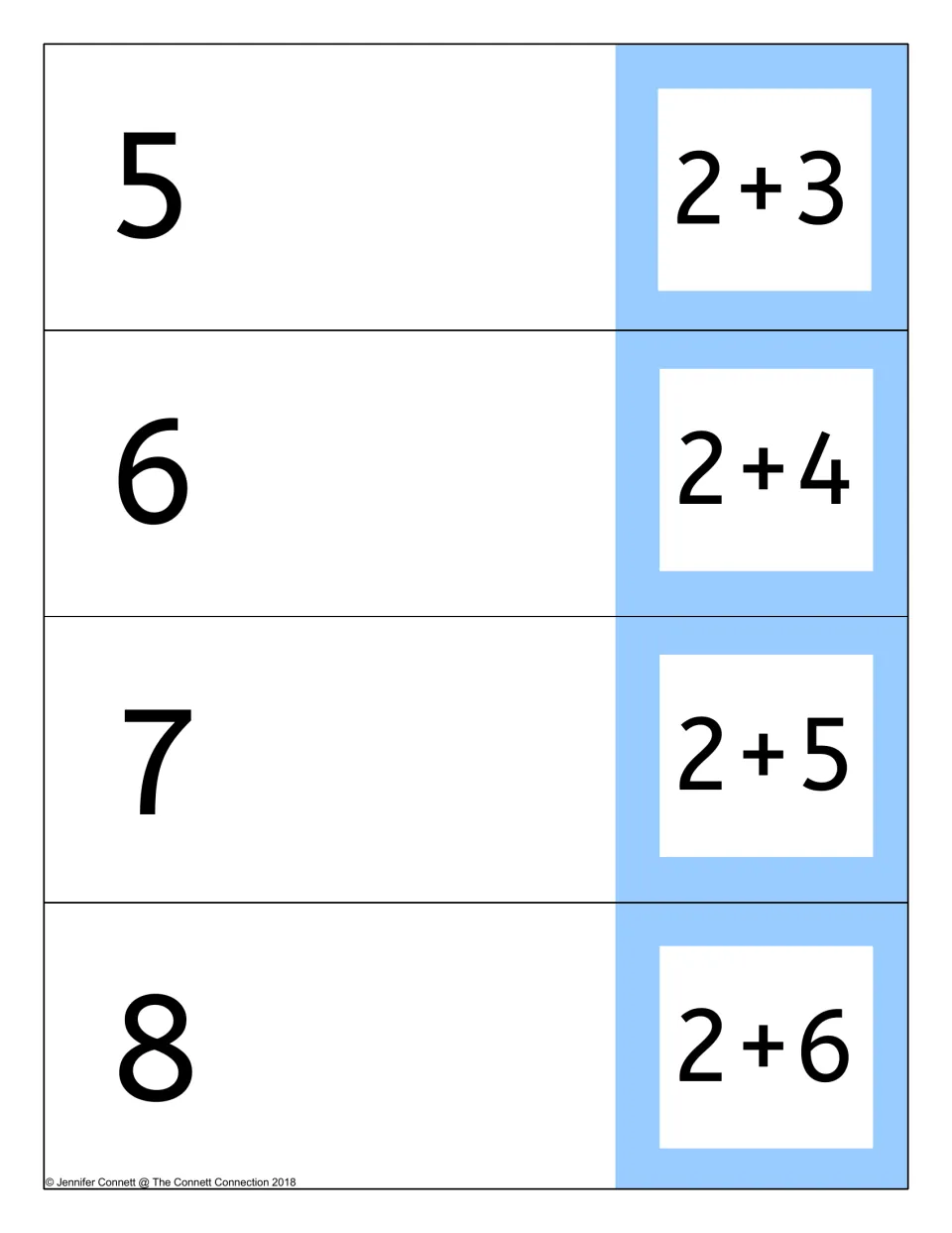 Adding two: cards for 2+3, 2+4, 2+5 and 2+6, with the sums 5, 6, 7 and 8 printed on the side that folds behind