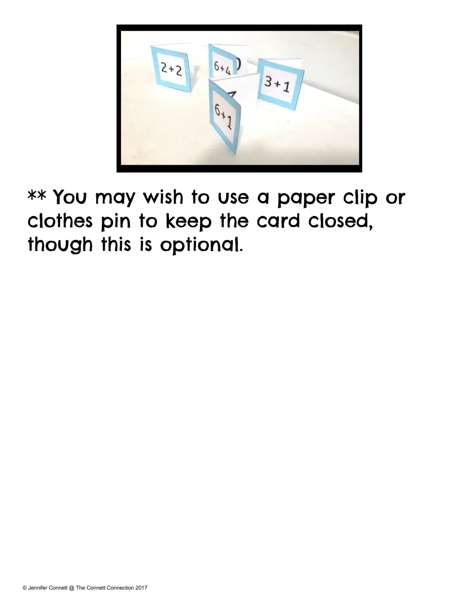 Folded cards 2+2, 6+4, 3+1 and 6+1 standing up, with a tip to hold each card closed with a paper clip or clothes pin