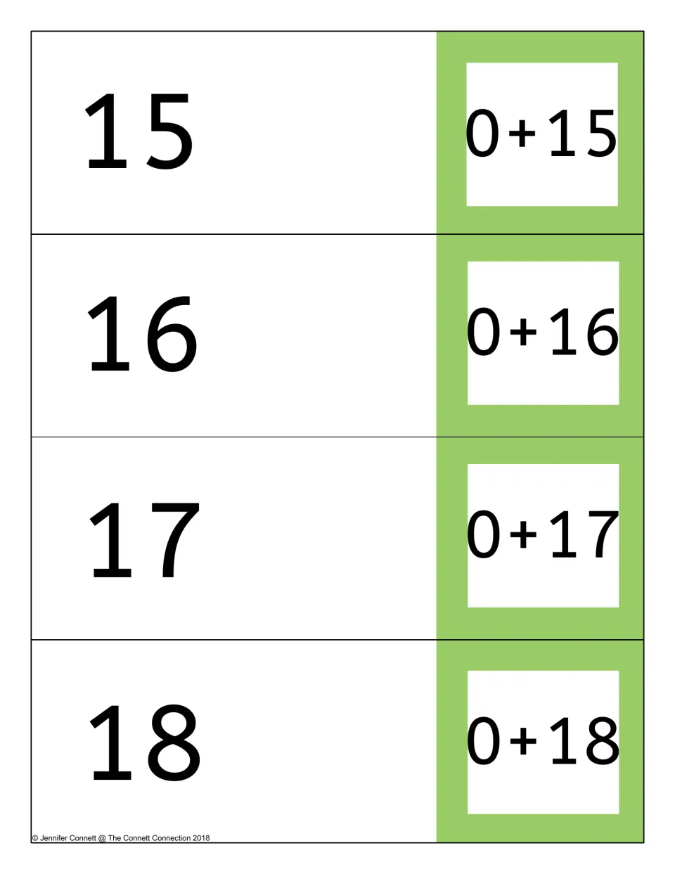 Card page: 0+15, 0+16, 0+17 and 0+18 on the front flaps with sums 15 to 18 inside for adding zero and self-checking