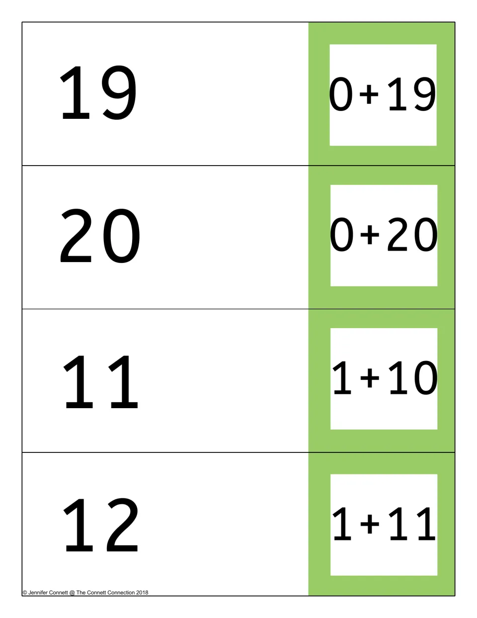 Card page: 0+19, 0+20, 1+10 and 1+11 on the front flaps with sums 19, 20, 11 and 12 inside, adding zero and adding one