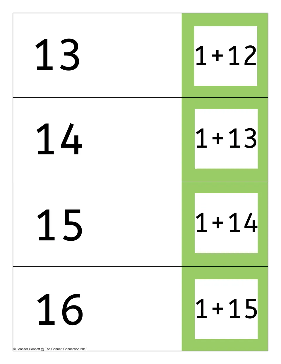Card page: 1+12, 1+13, 1+14 and 1+15 on the front flaps with sums 13 to 16 inside for adding one and self-checking