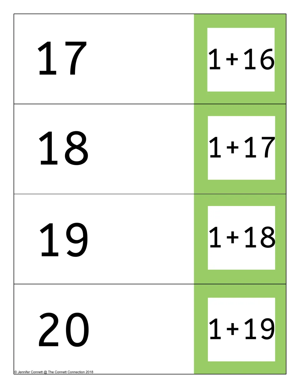 Card page: 1+16, 1+17, 1+18 and 1+19 on the front flaps with sums 17 to 20 inside for adding one and self-checking
