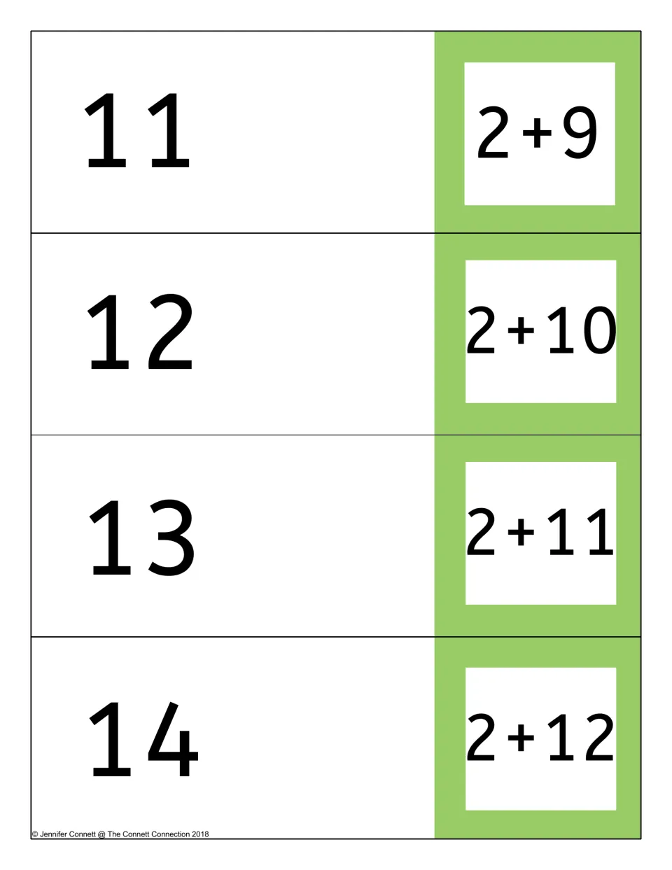 Card page: 2+9, 2+10, 2+11 and 2+12 on the front flaps with sums 11 to 14 inside for adding two and self-checking