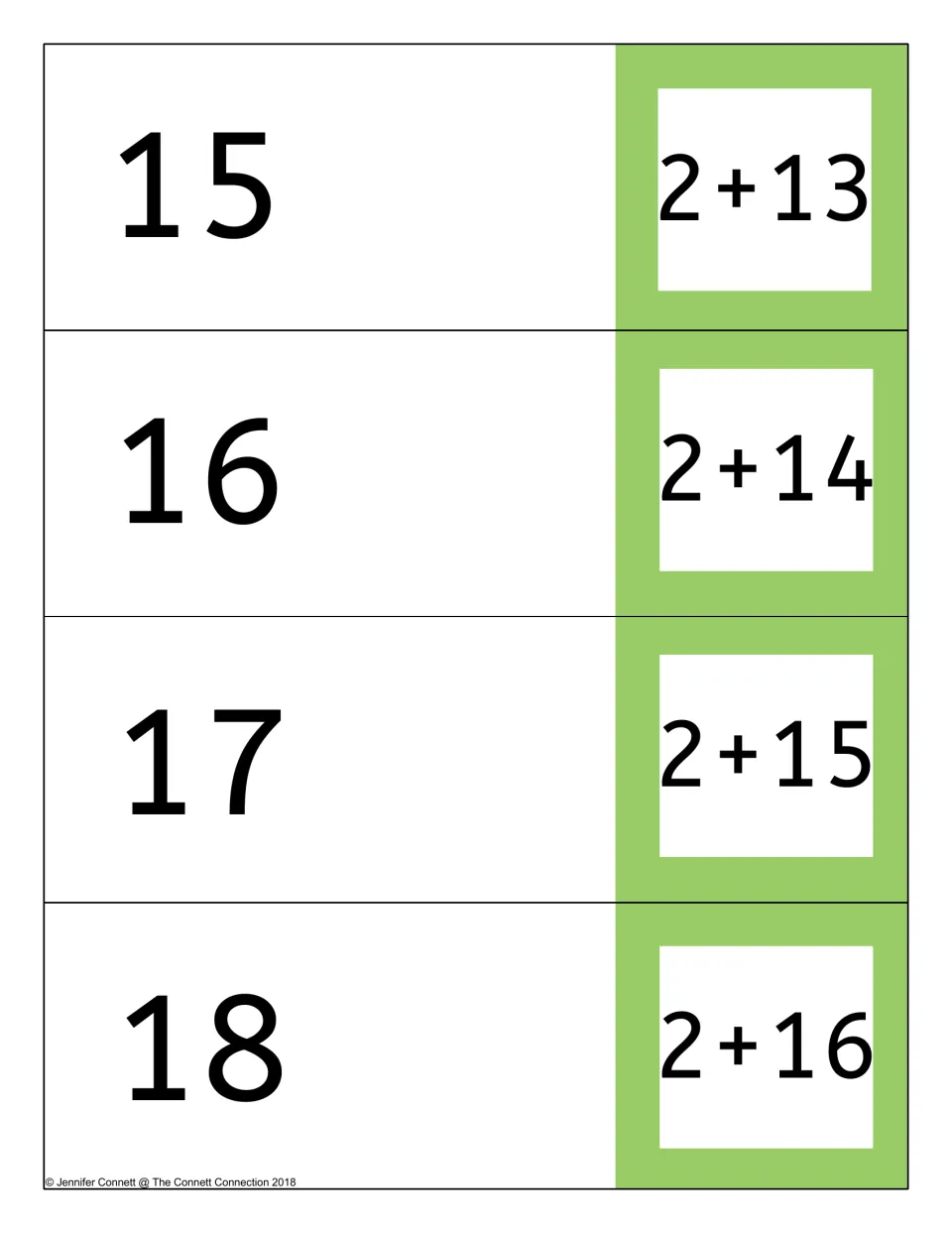 Card page: 2+13, 2+14, 2+15 and 2+16 on the front flaps with sums 15 to 18 inside for adding two and self-checking