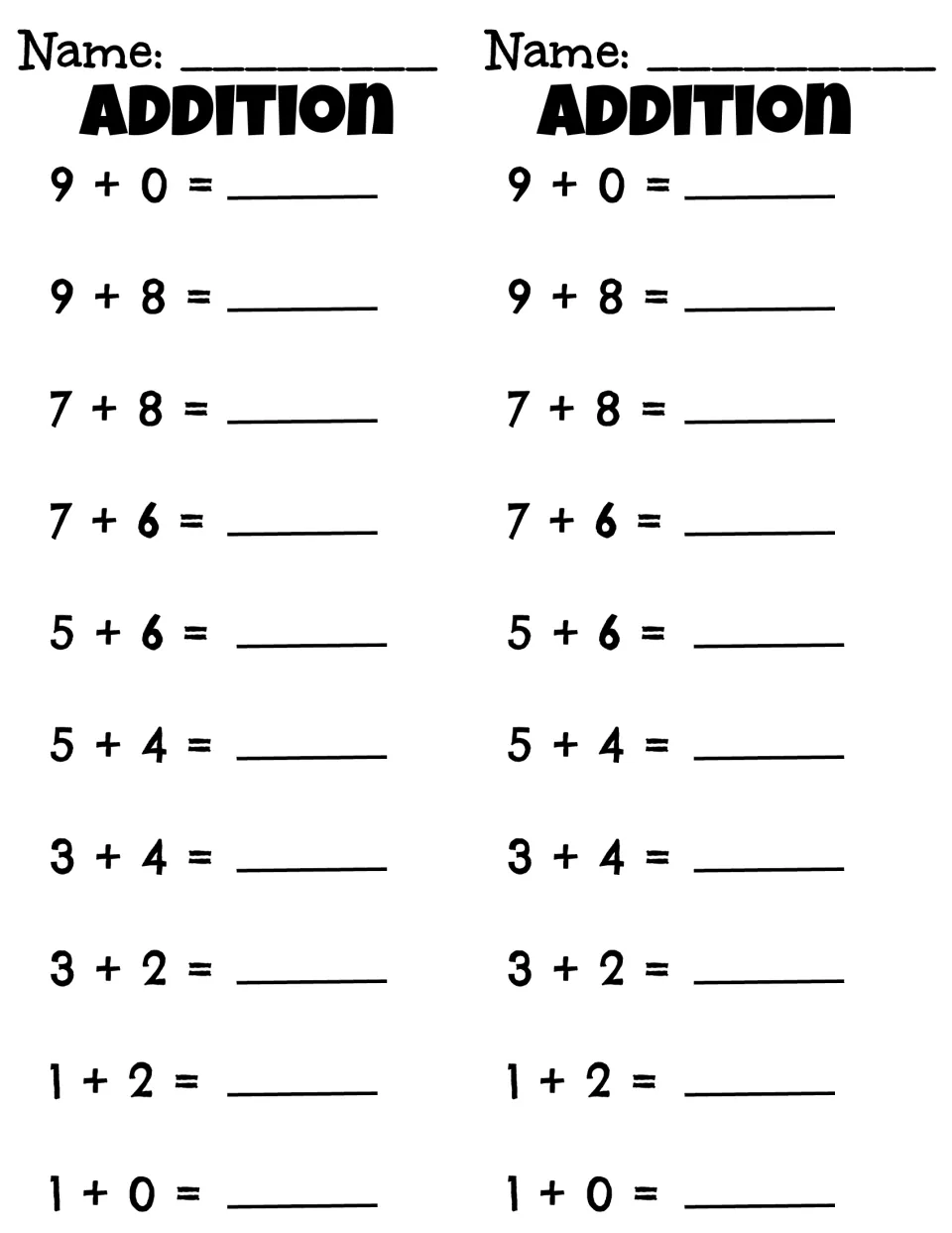 Mixed addition facts: two matching slips where students solve 10 sums such as 9 + 8, 7 + 6 and 1 + 0