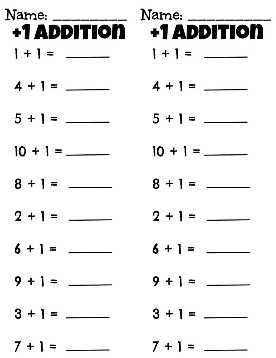 +1 Addition: two matching slips where students add one to each number from 1 to 10, listed in mixed order