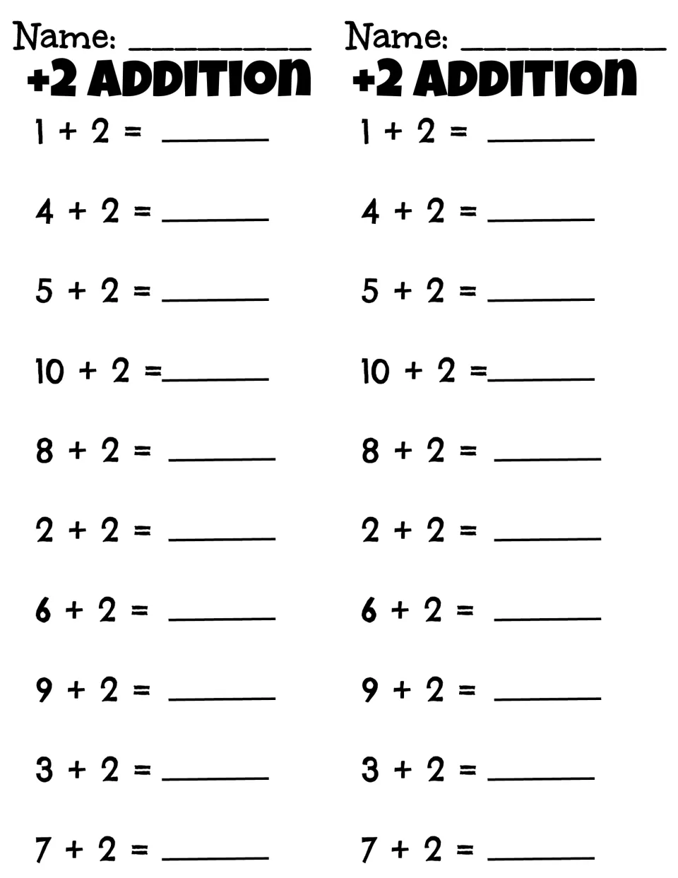 +2 Addition: two matching slips where students add two to numbers 1 to 10 in mixed order, such as 4 + 2 and 10 + 2