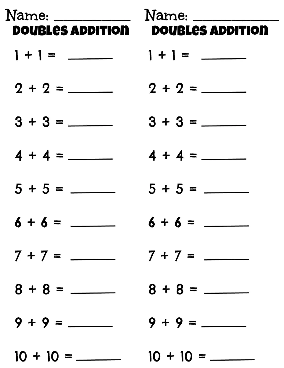 Doubles Addition: two matching slips where students solve doubles facts in order from 1 + 1 up to 10 + 10