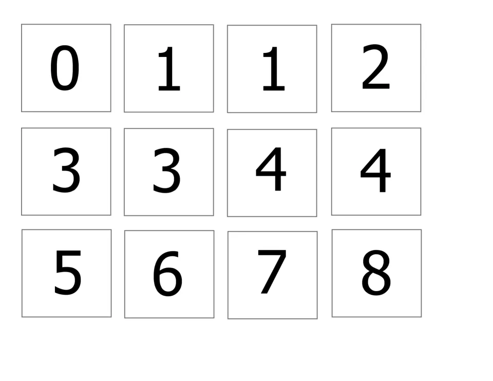 Number cards to cut out: 0, 1, 1, 2, 3, 3, 4, 4, 5, 6, 7 and 8, used to fill in the addends and sums of each equation