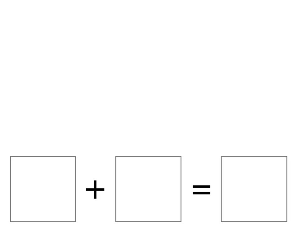 Addition equation mat: students place counters above, then number cards in the blank + and = spaces to write the sum