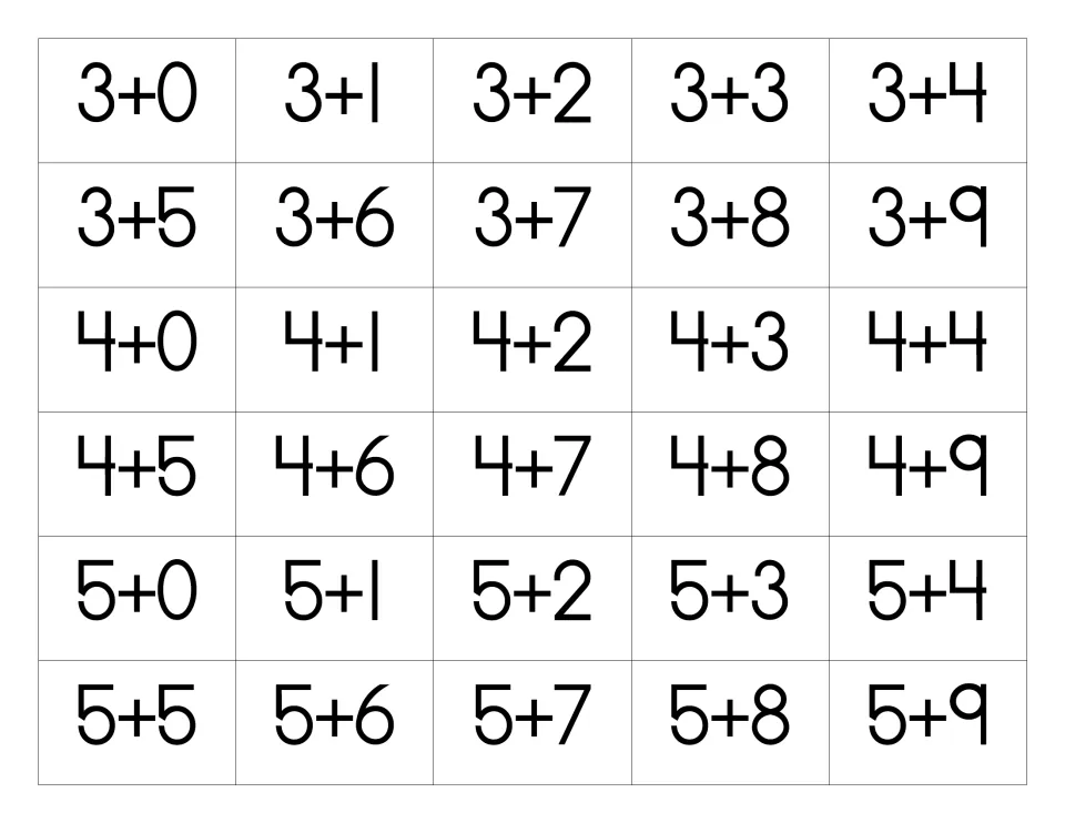 Addition fact cards from 3+0 to 5+9: 30 cut-apart cards for practising sums that start with 3, 4 and 5