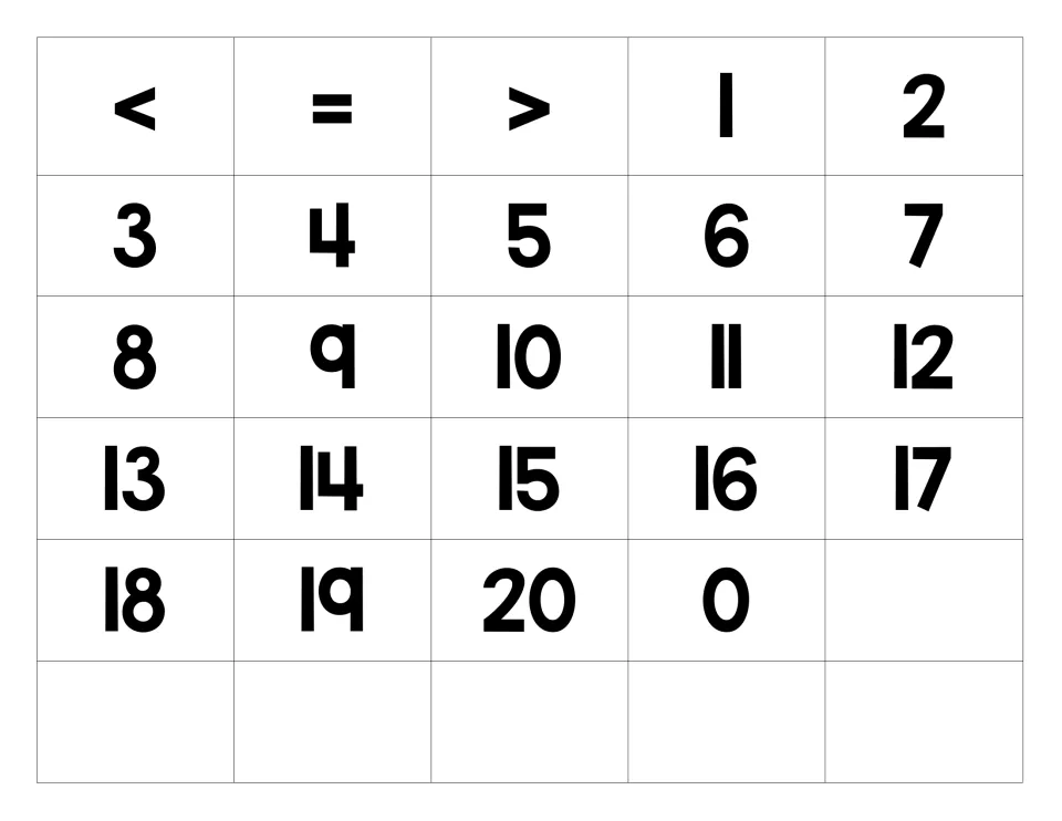 Number and symbol cards: less than, equal and greater than signs plus numbers 0 to 20 to cut apart for the mats