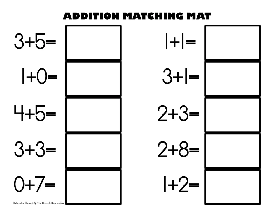Addition Matching Mat: students place the number card answering each of 10 facts such as 3+5, 1+0, 2+8 and 1+2