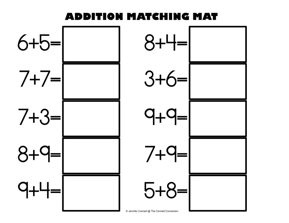 Addition Matching Mat with larger facts like 6+5, 7+7, 9+9 and 5+8: students place the number card for each sum