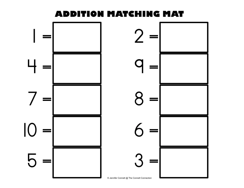 Reverse addition matching: students find an addition fact card equal to each sum from 1 to 10, such as 7 = or 10 =
